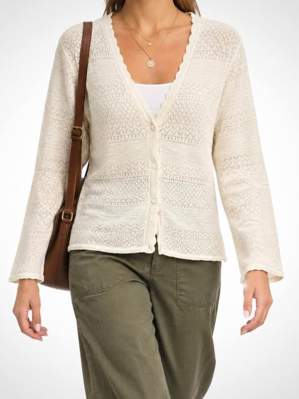 Frye Pointelle Scallop Trim Ivory Button Front Cotton Cardigan Sweater [size XL]